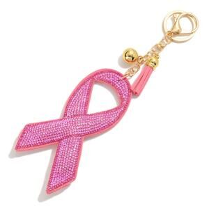 Rhinestone Pink Breast Cancer Ribbon Tassel Bag Charm Keyring